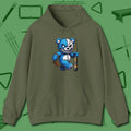 Demented Teddy Billiards Hoodie, front view, in Military Green poolroom style with tournament attitude