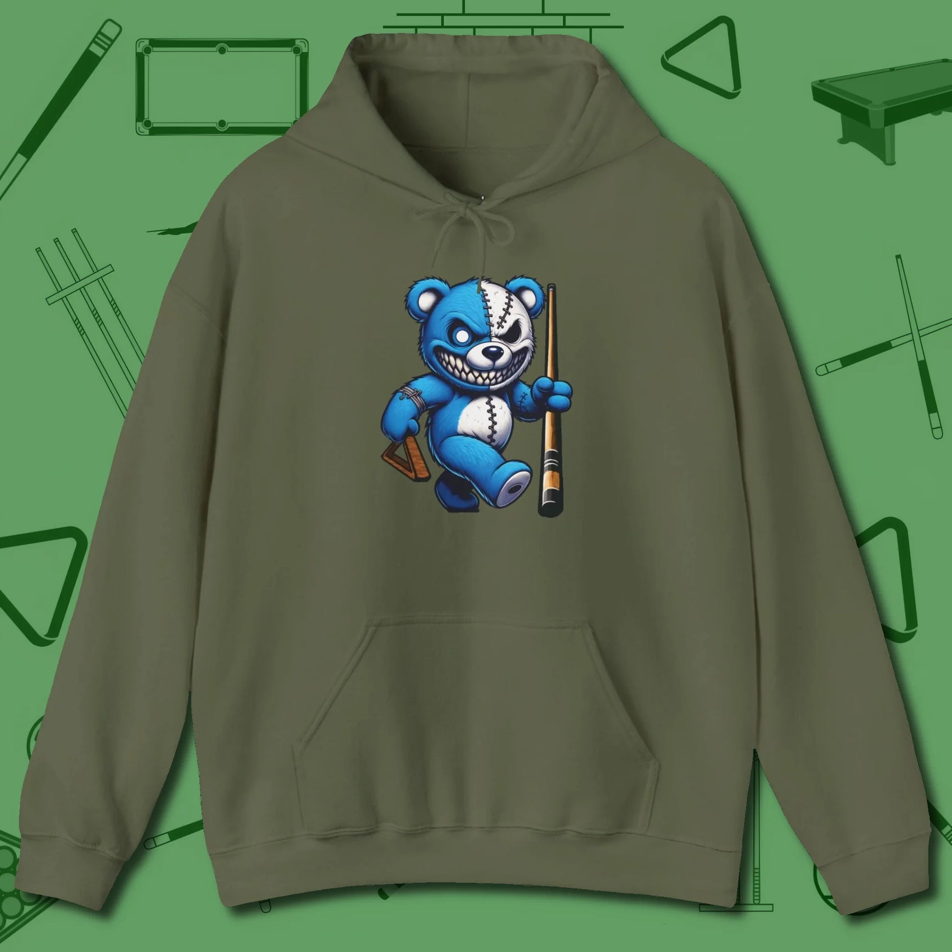 Demented Teddy Billiards Hoodie, front view, in Military Green poolroom style with tournament attitude