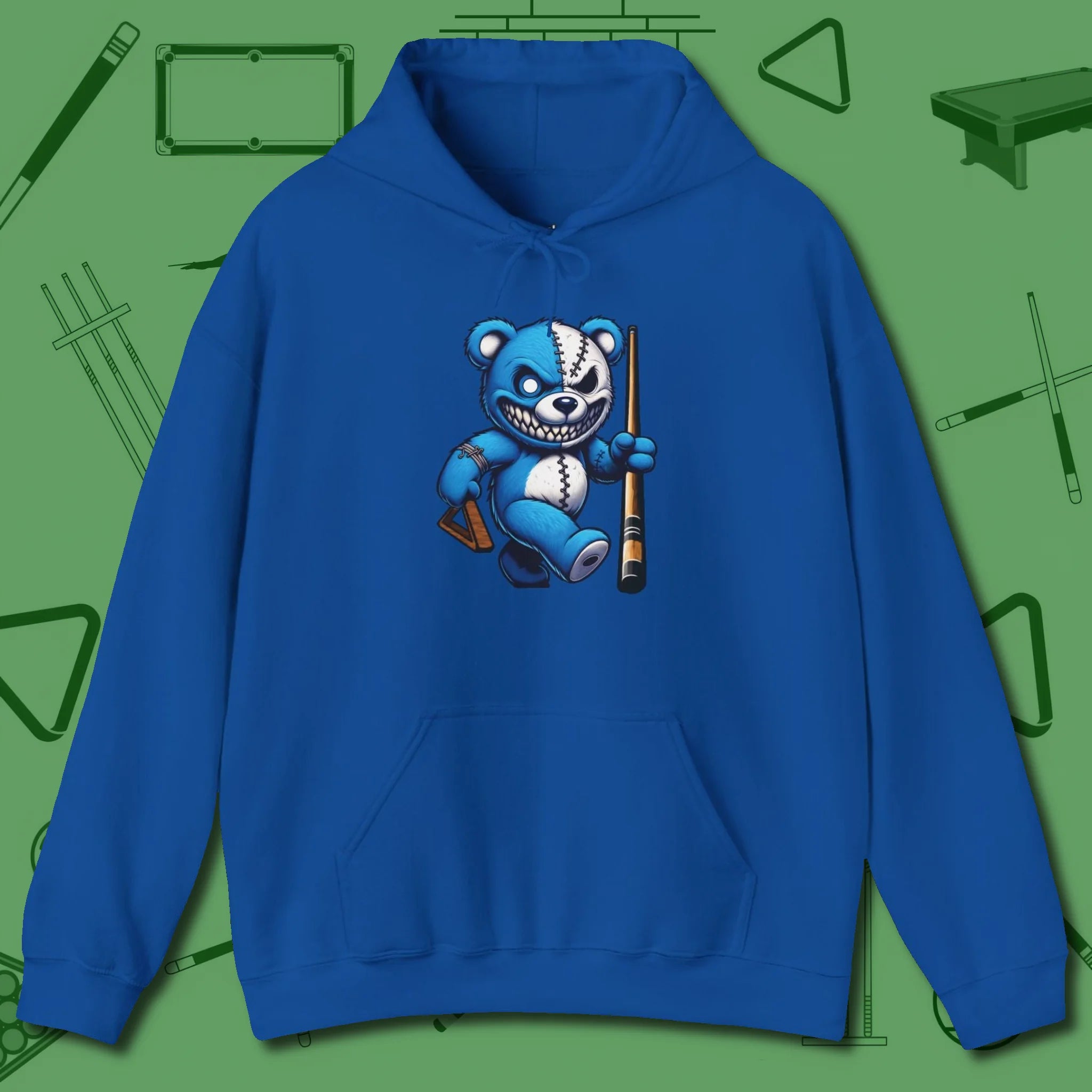 Demented Teddy Billiards Hoodie, front view, in Royal not your average 8-ball graphic tee
