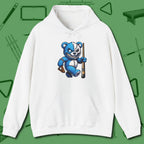 Demented Teddy Billiards Hoodie, front view, in White dress for the shot you want to take