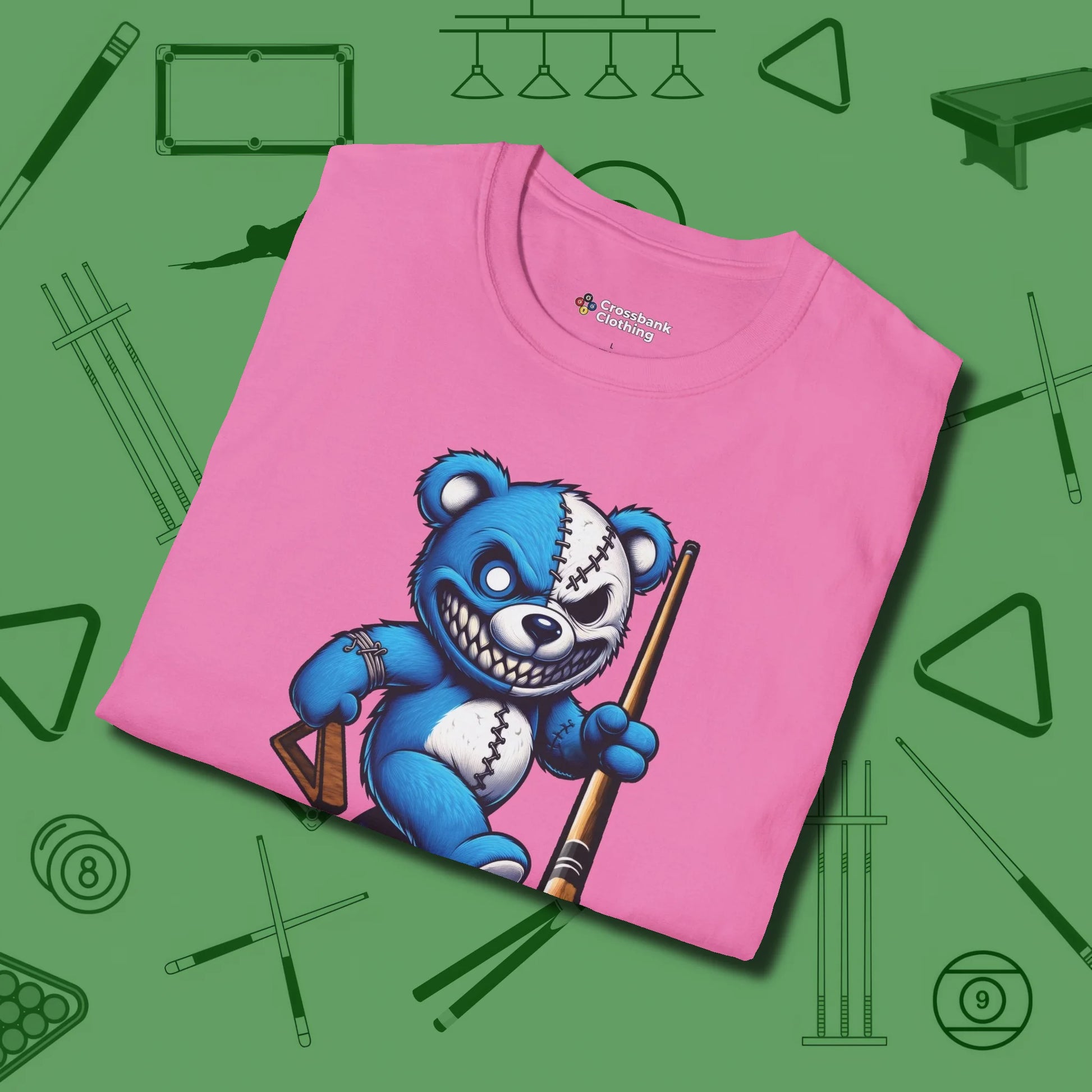 Demented Teddy Billiards T-Shirt, folded view, in Azalea poolroom style with tournament attitude