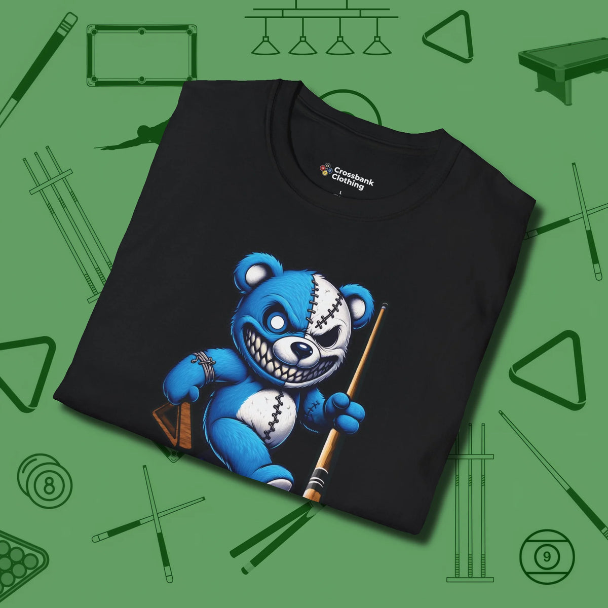 Demented Teddy Billiards T-Shirt, folded view, in Black your go-to shirt for league night victories