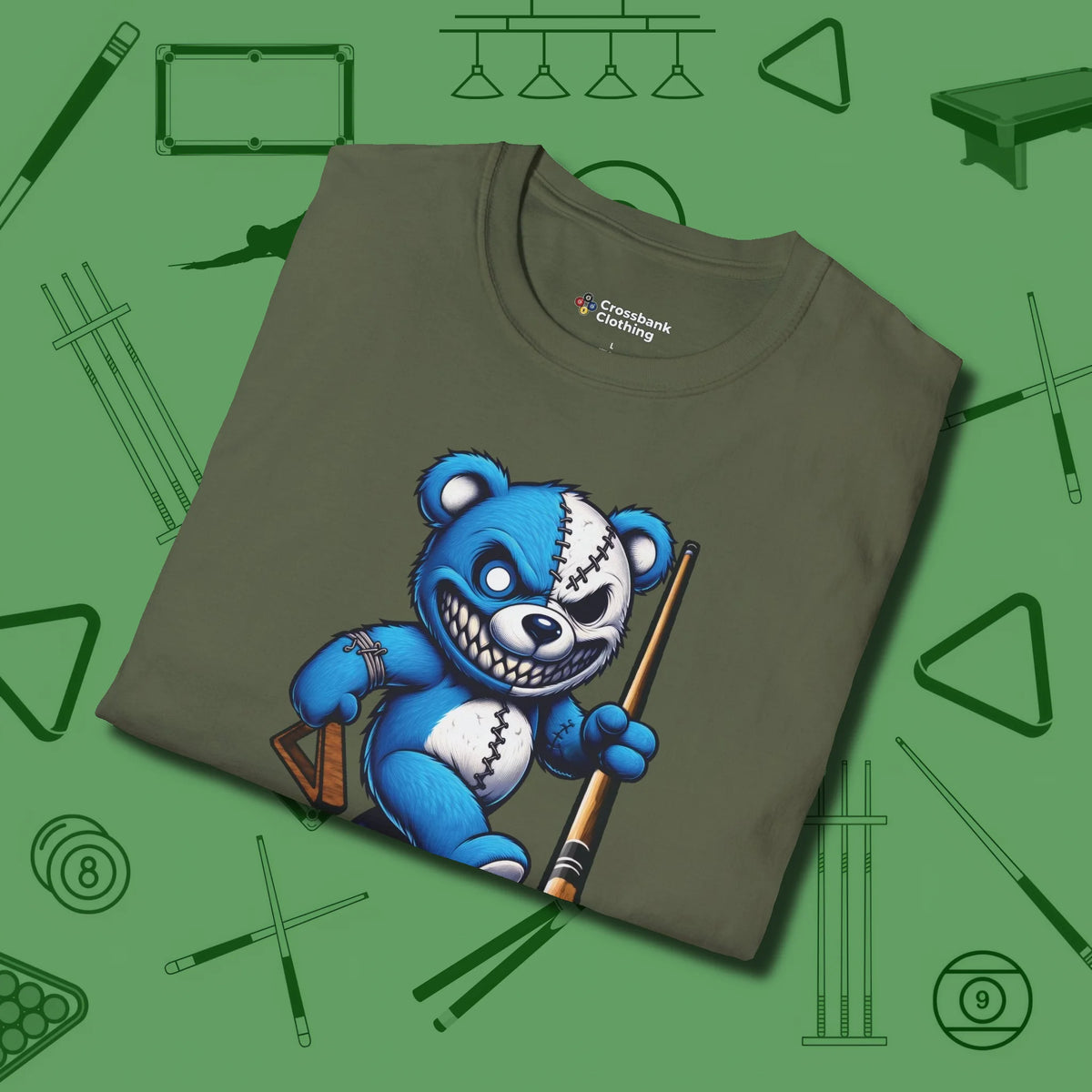 Demented Teddy Billiards T-Shirt, folded view, in Military Green poolroom style with tournament attitude