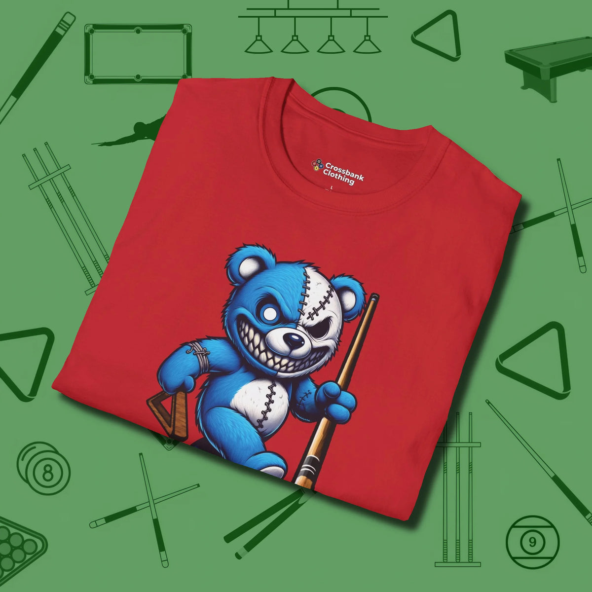 Demented Teddy Billiards T-Shirt, folded view, in Red cue sports swagger done right