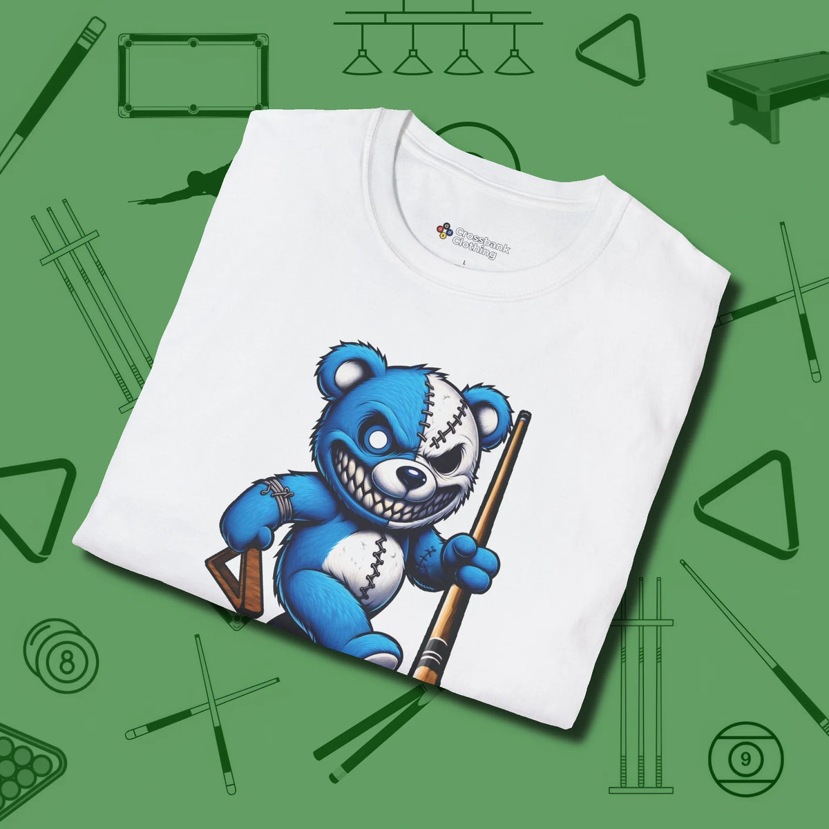 Demented Teddy Billiards T-Shirt, folded view, in White poolroom style with tournament attitude