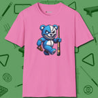 Demented Teddy Billiards T-Shirt, front view, in Azalea cool enough for a corner pocket finish