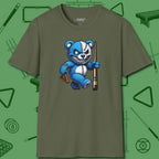 Demented Teddy Billiards T-Shirt, front view, in Military Green for hustlers who keep it honest