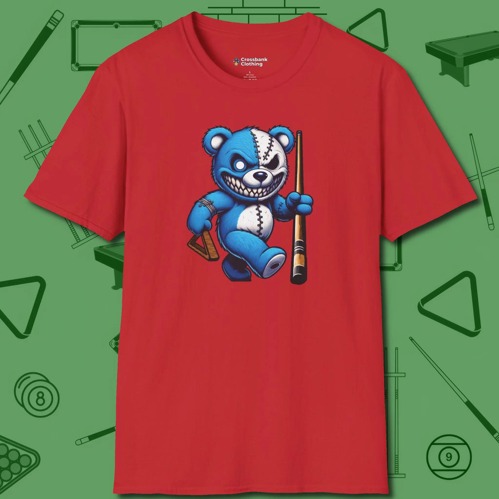 Demented Teddy Billiards T-Shirt, front view, in Red an extension of your pool persona