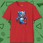 Demented Teddy Billiards T-Shirt, front view, in Red an extension of your pool persona