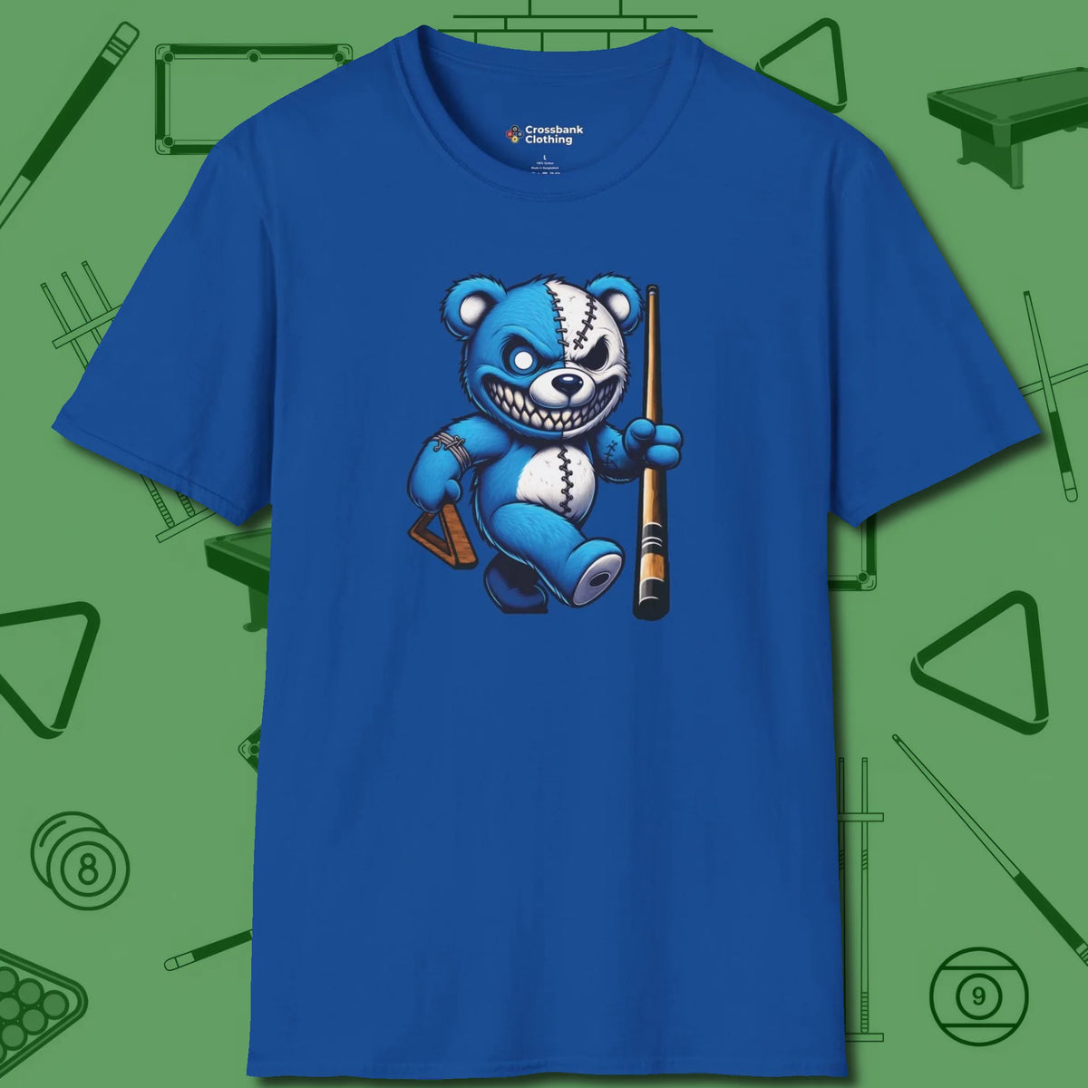 Demented Teddy Billiards T-Shirt, front view, in Royal clean lines for dirty minds