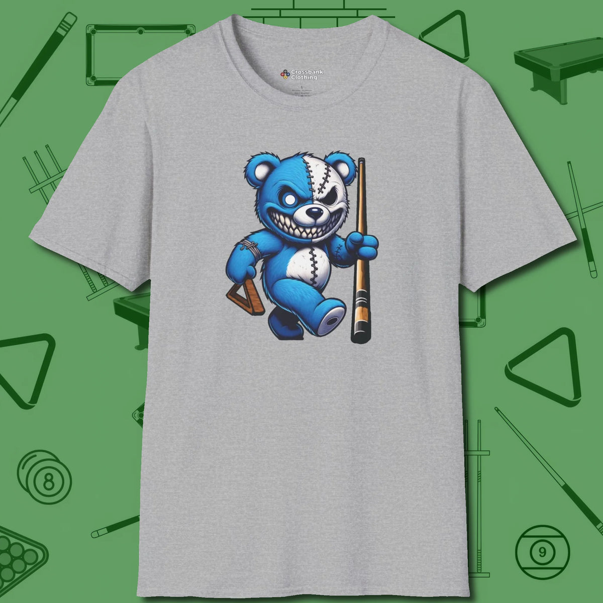 Demented Teddy Billiards T-Shirt, front view, in Sport Grey designed for dead stroke and deadpan looks