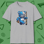 Demented Teddy Billiards T-Shirt, front view, in Sport Grey designed for dead stroke and deadpan looks