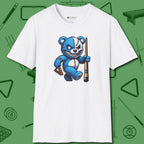 Demented Teddy Billiards T-Shirt, front view, in White for players who live the game