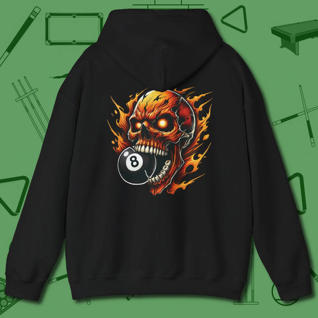 Demon Skull Eight Hoodie, back view, in Black