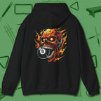Demon Skull Eight Hoodie, back view, in Black