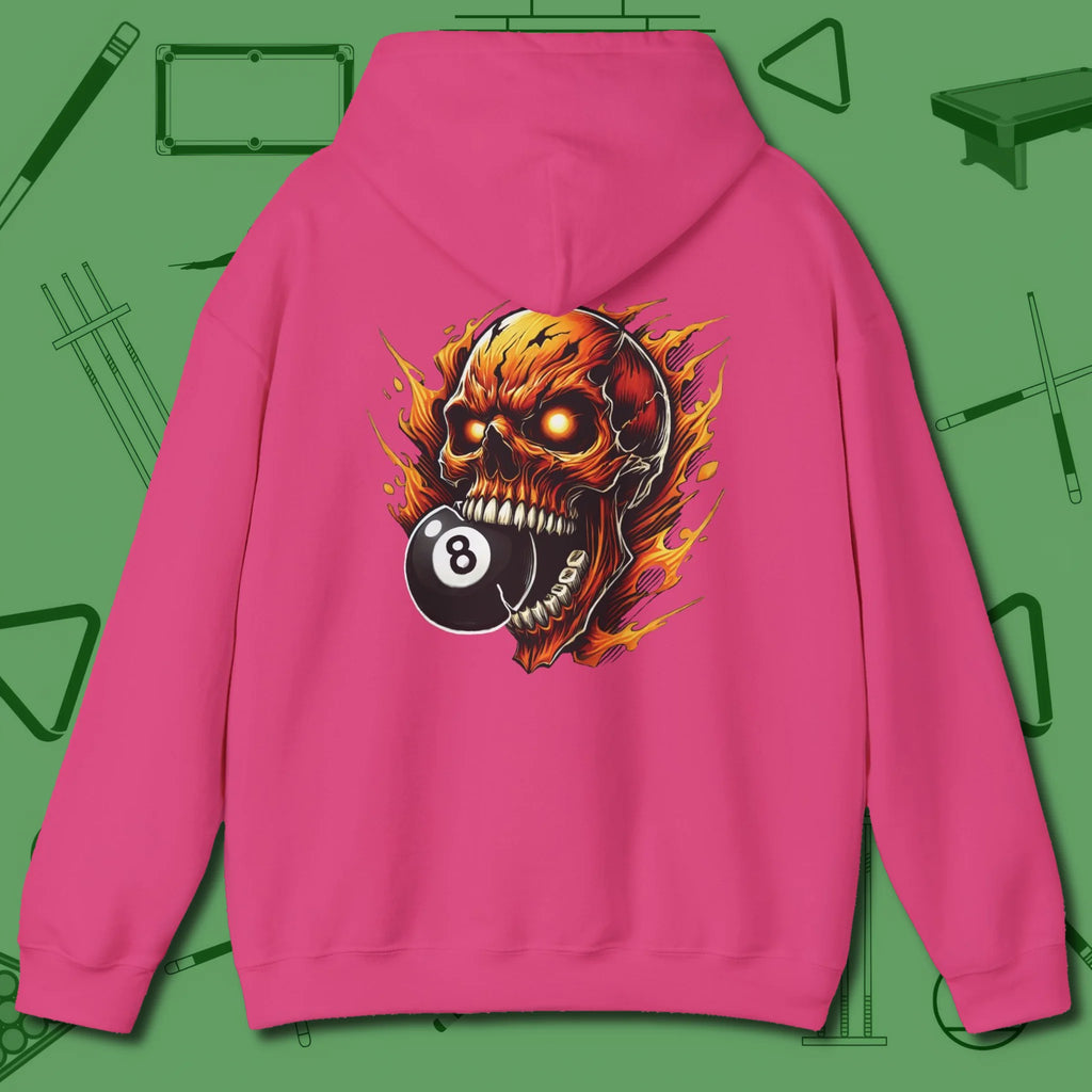 Demon Skull Eight Hoodie, back view, in Heliconia