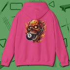 Demon Skull Eight Hoodie, back view, in Heliconia
