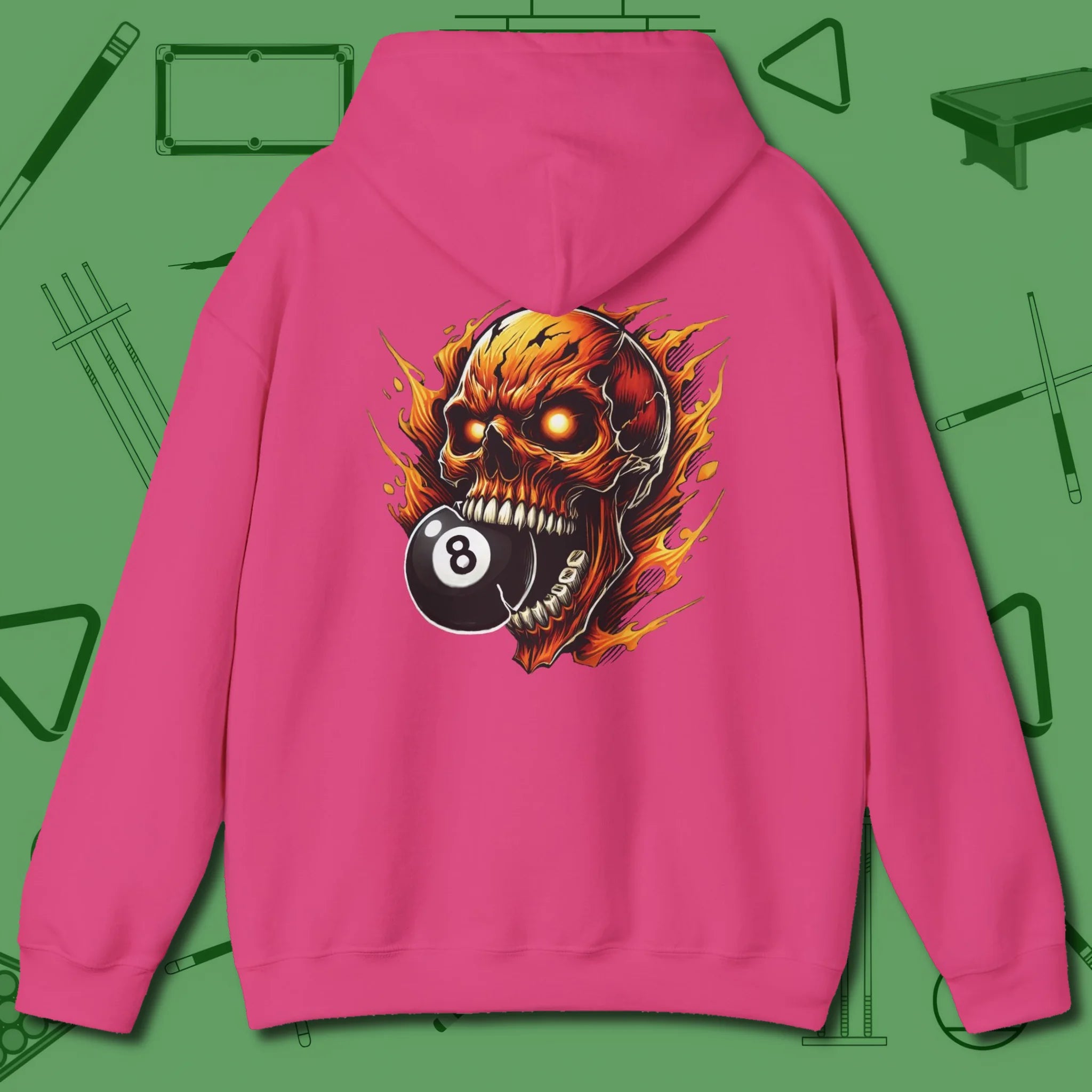 Demon Skull Eight Hoodie, back view, in Heliconia