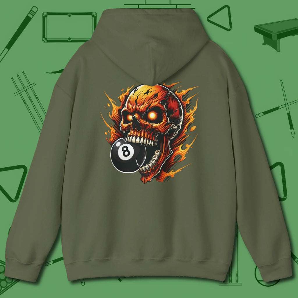 Demon Skull Eight Hoodie, back view, in Military Green