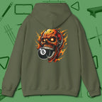 Demon Skull Eight Hoodie, back view, in Military Green