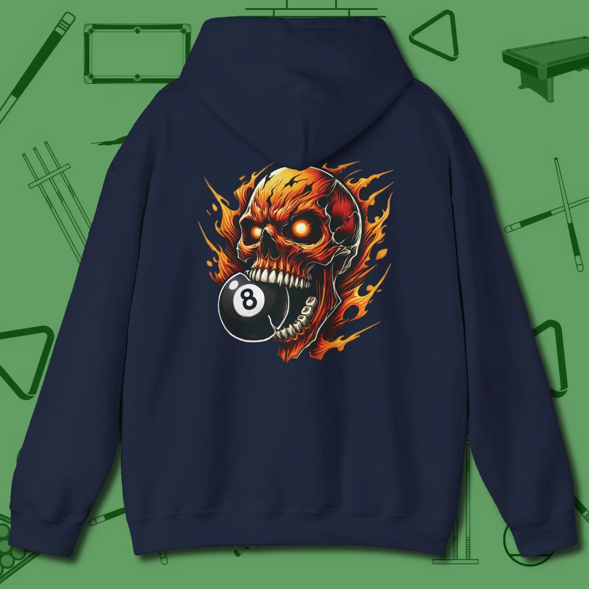 Demon Skull Eight Hoodie, back view, in Navy