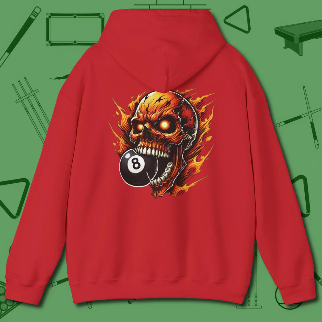 Demon Skull Eight Hoodie, back view, in Red