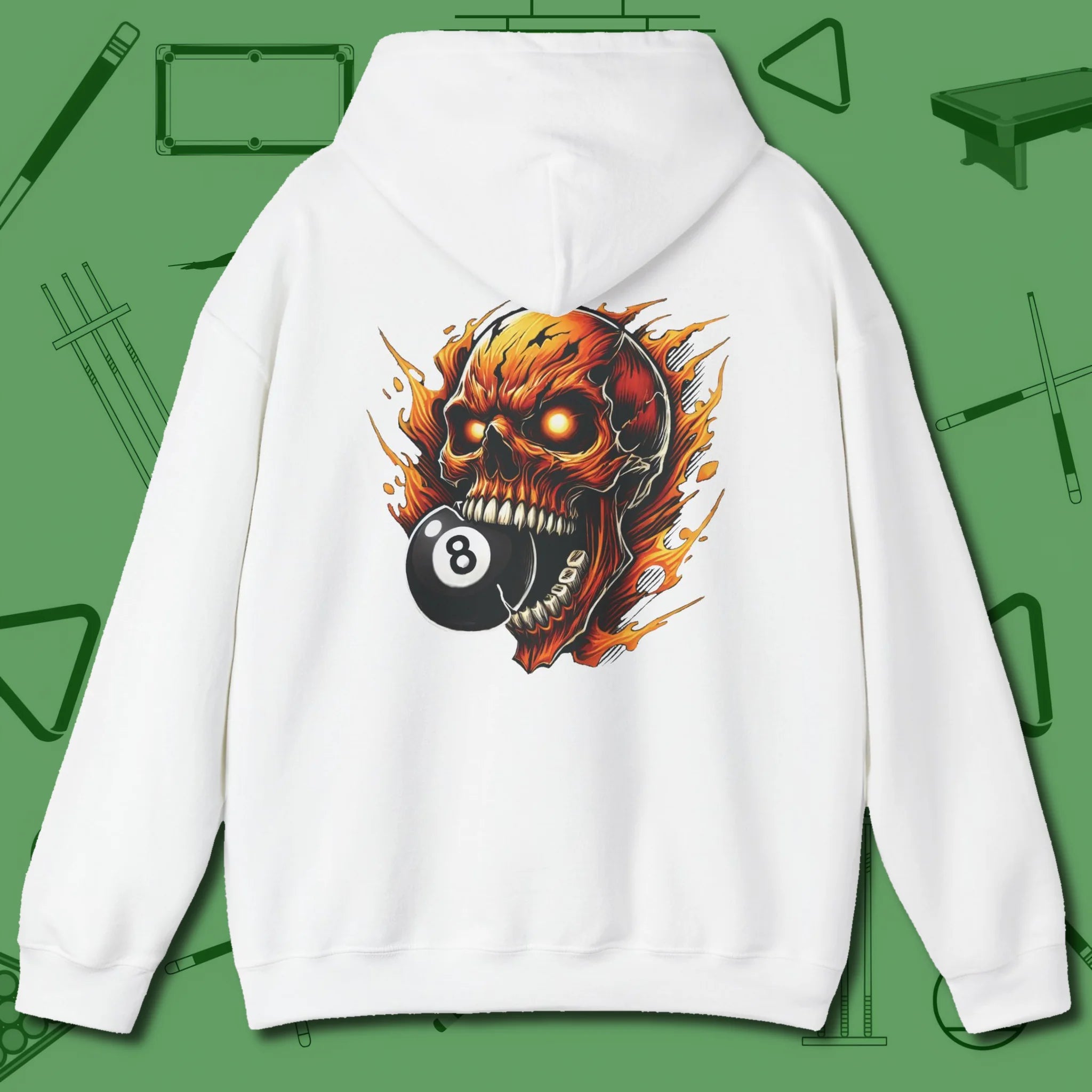 Demon Skull Eight Hoodie, back view, in White