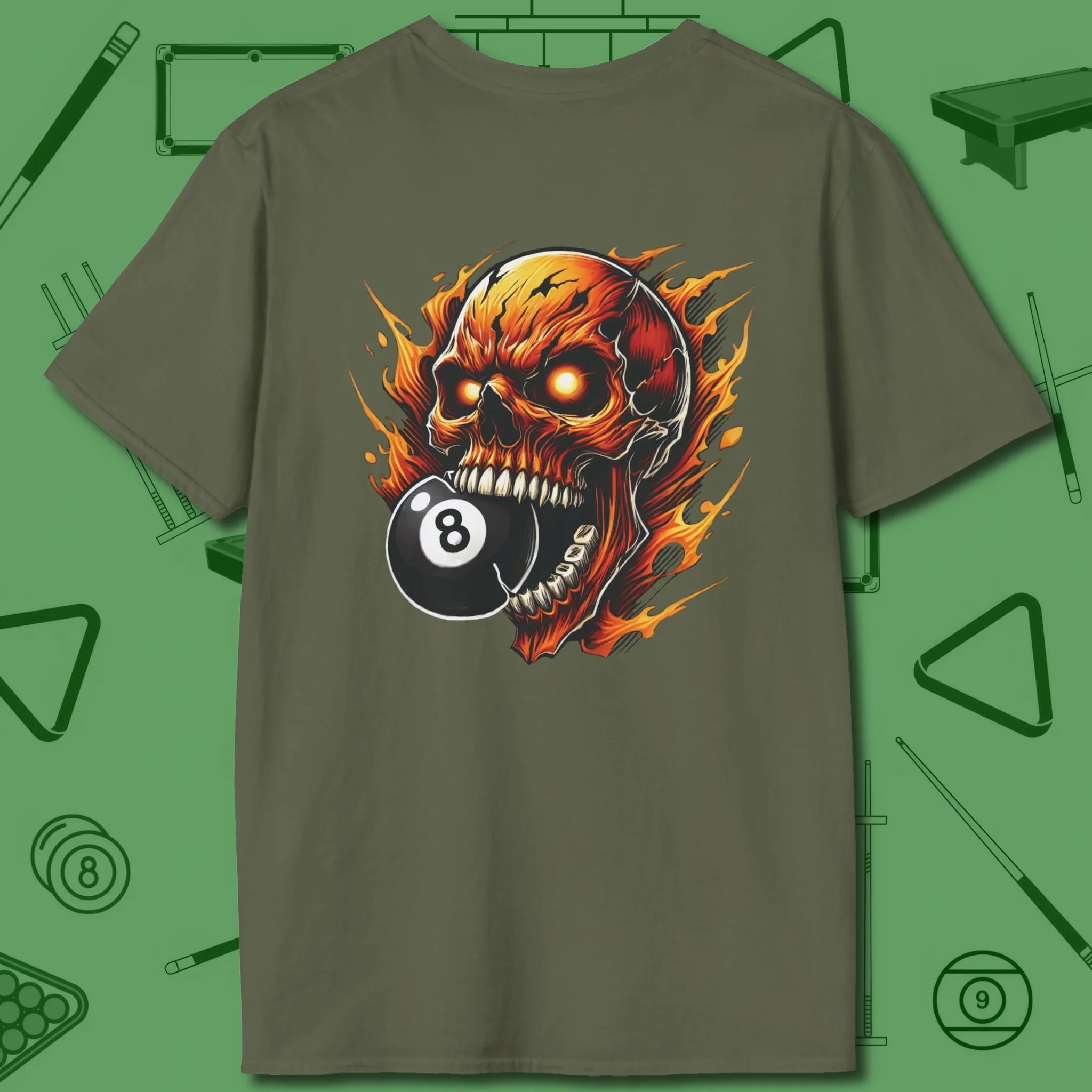 Demon Skull Eight T-Shirt, back view, in Military Green