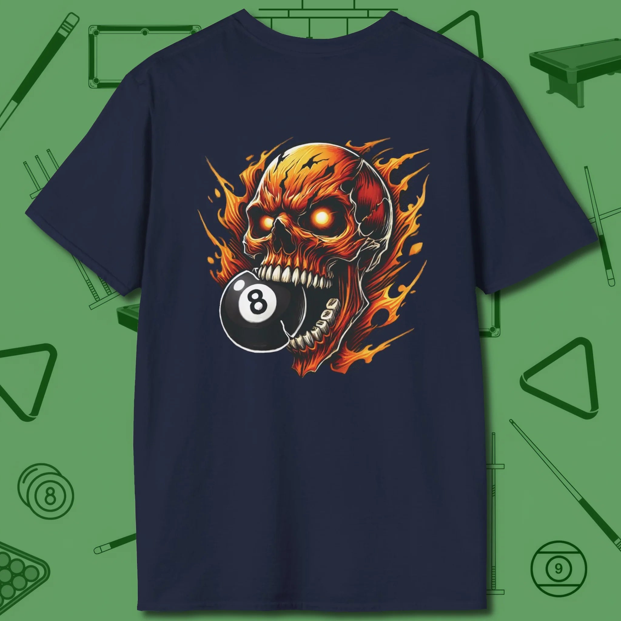 Demon Skull Eight T-Shirt, back view, in Navy