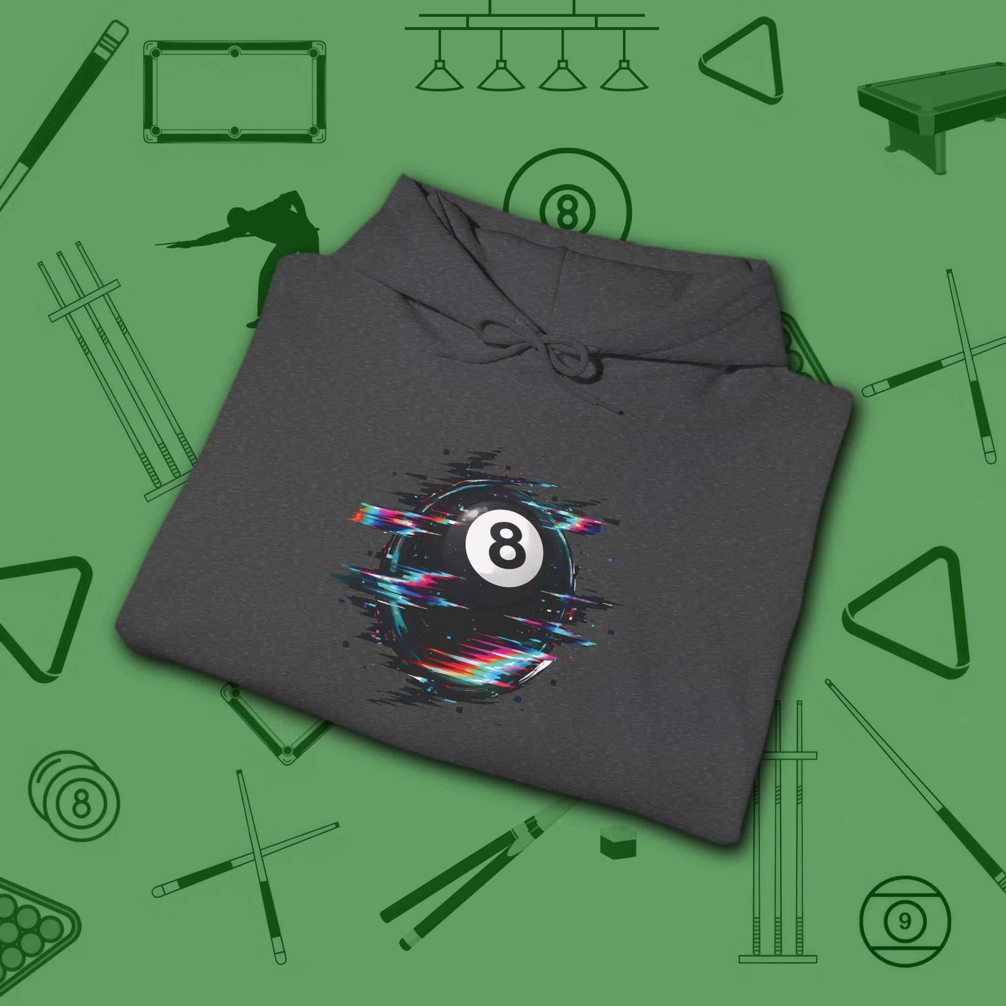 Digital Glitch Eight Ball Hoodie, in Dark Heather color, billiards hoodie, folded view