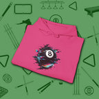 Digital Glitch Eight Ball Hoodie, in Heliconia color, billiards hoodie, folded view