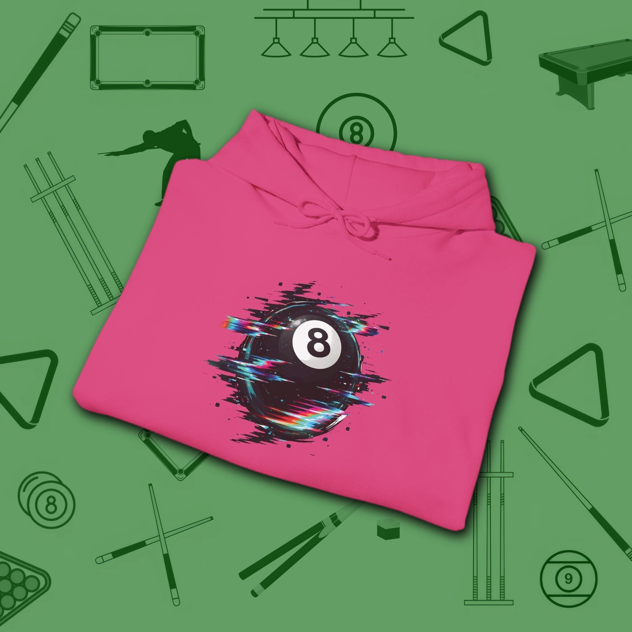 Digital Glitch Eight Ball Hoodie, in Heliconia color, billiards hoodie, folded view