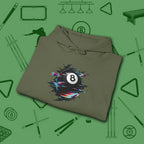 Digital Glitch Eight Ball Hoodie, in Military Green color, billiards hoodie, folded view