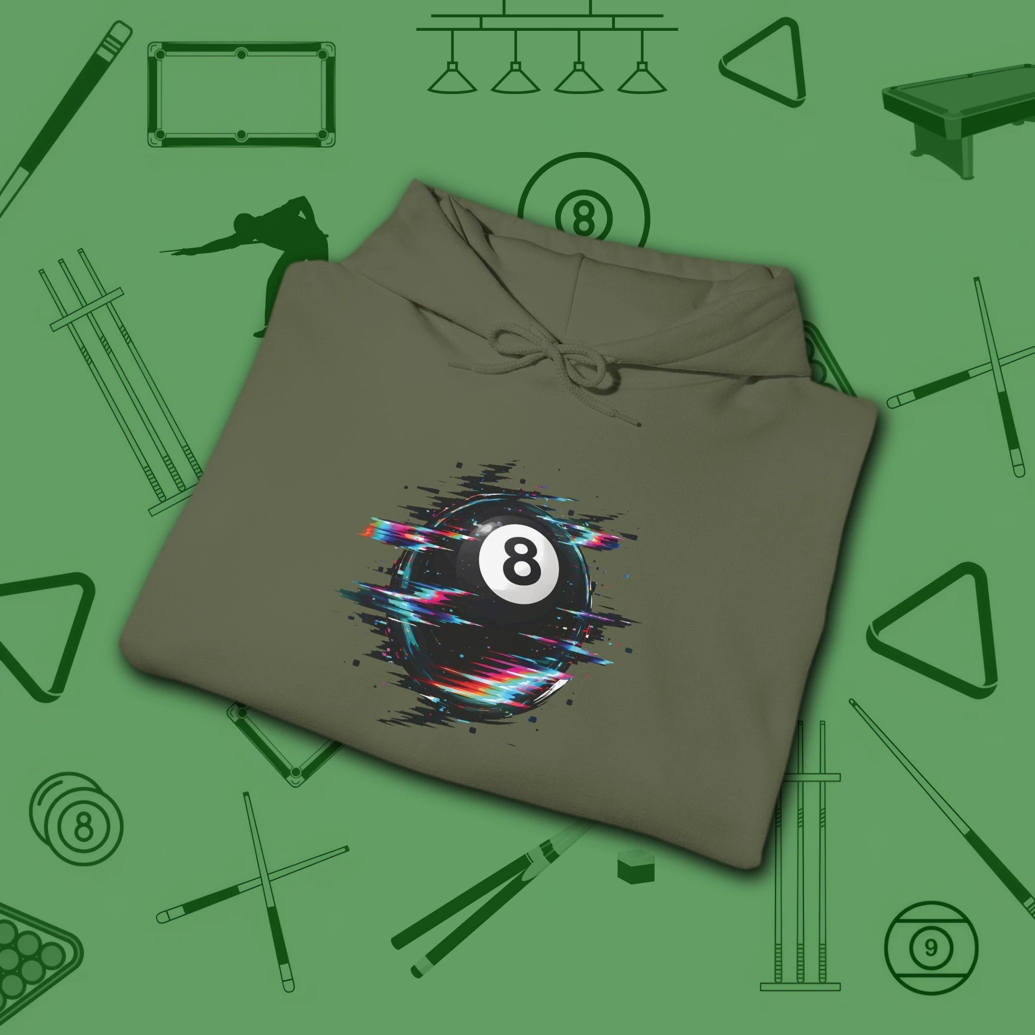 Digital Glitch Eight Ball Hoodie, in Military Green color, billiards hoodie, folded view