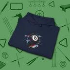 Digital Glitch Eight Ball Hoodie, in Navy color, billiards hoodie, folded view
