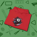 Digital Glitch Eight Ball Hoodie, in Red color, billiards hoodie, folded view