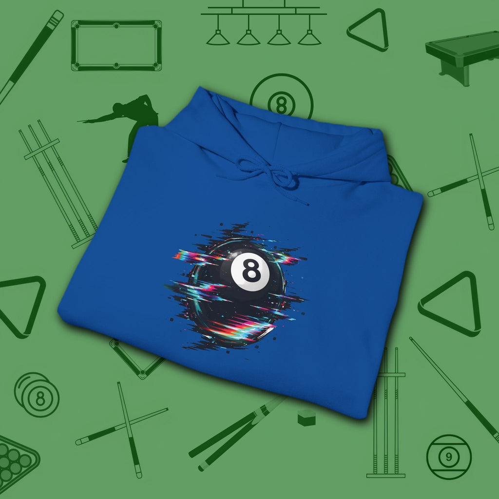 Digital Glitch Eight Ball Hoodie, in Royal color, billiards hoodie, folded view