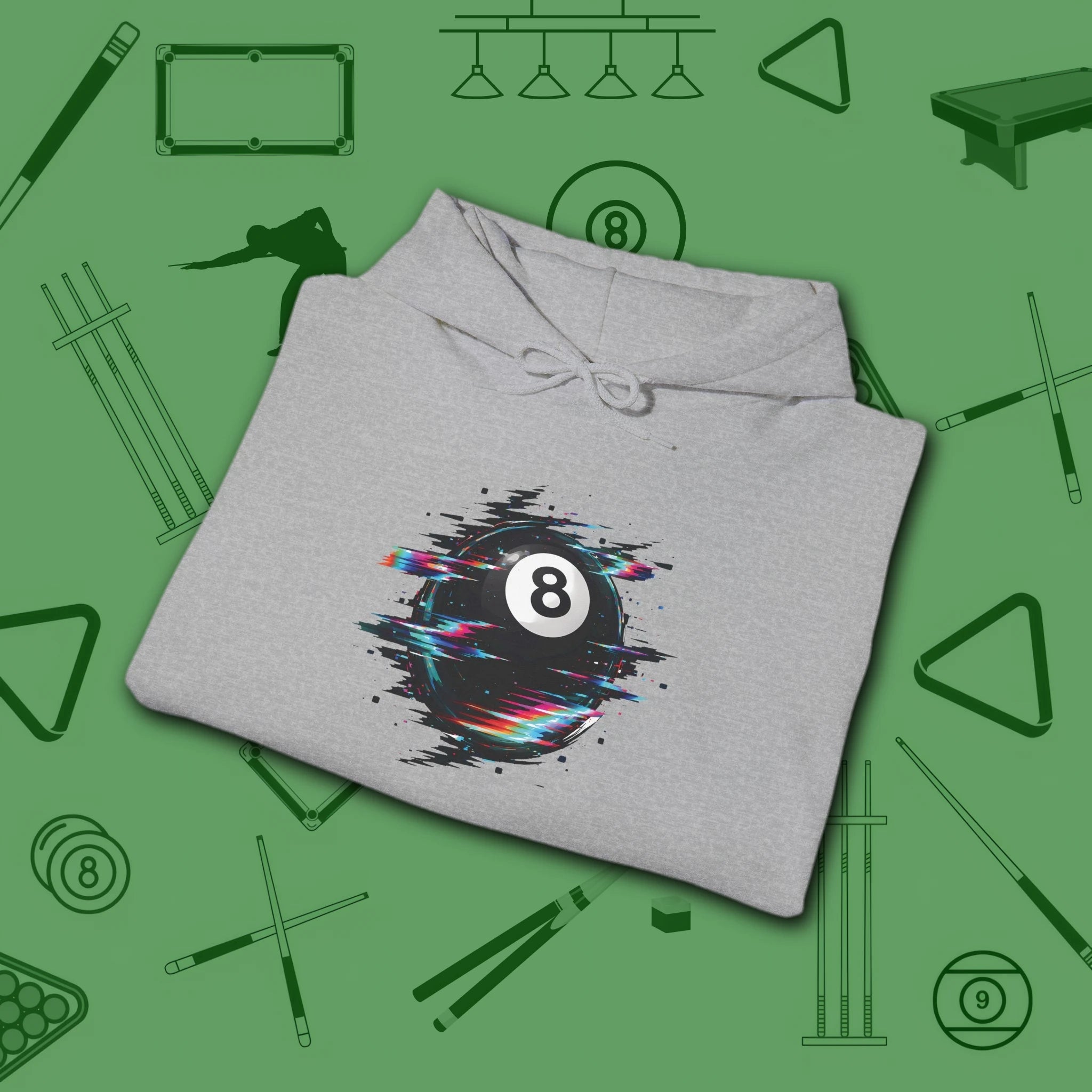 Digital Glitch Eight Ball Hoodie, in Sport Grey color, billiards hoodie, folded view