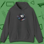 Digital Glitch Eight Ball Hoodie, in Dark Heather color, billiards hoodie, front view