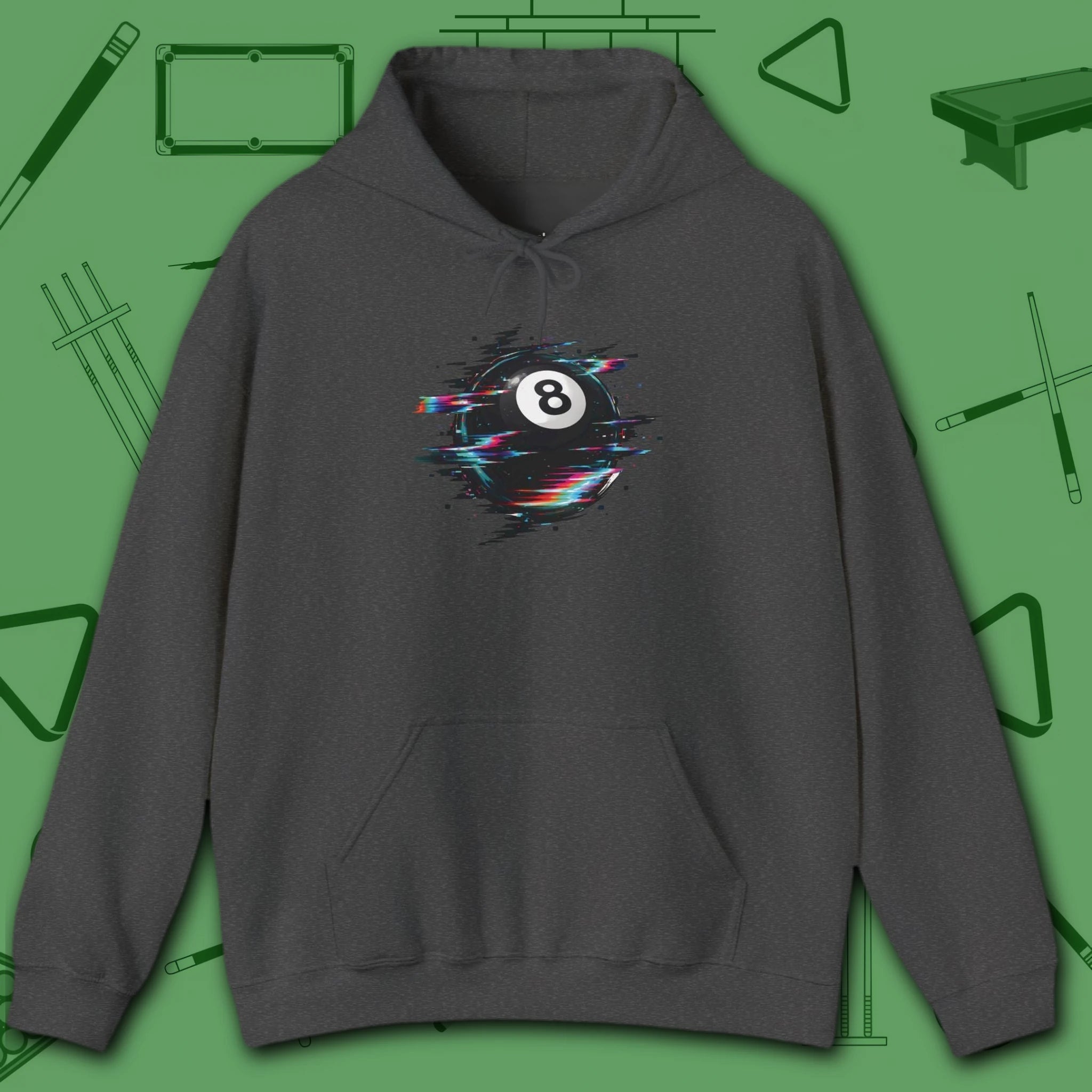 Digital Glitch Eight Ball Hoodie, in Dark Heather color, billiards hoodie, front view