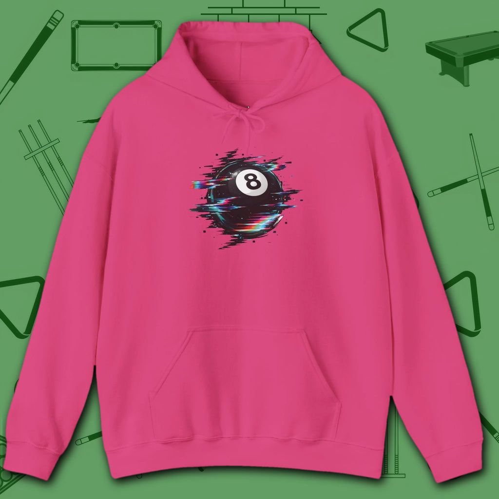 Digital Glitch Eight Ball Hoodie, in Heliconia color, billiards hoodie, front view