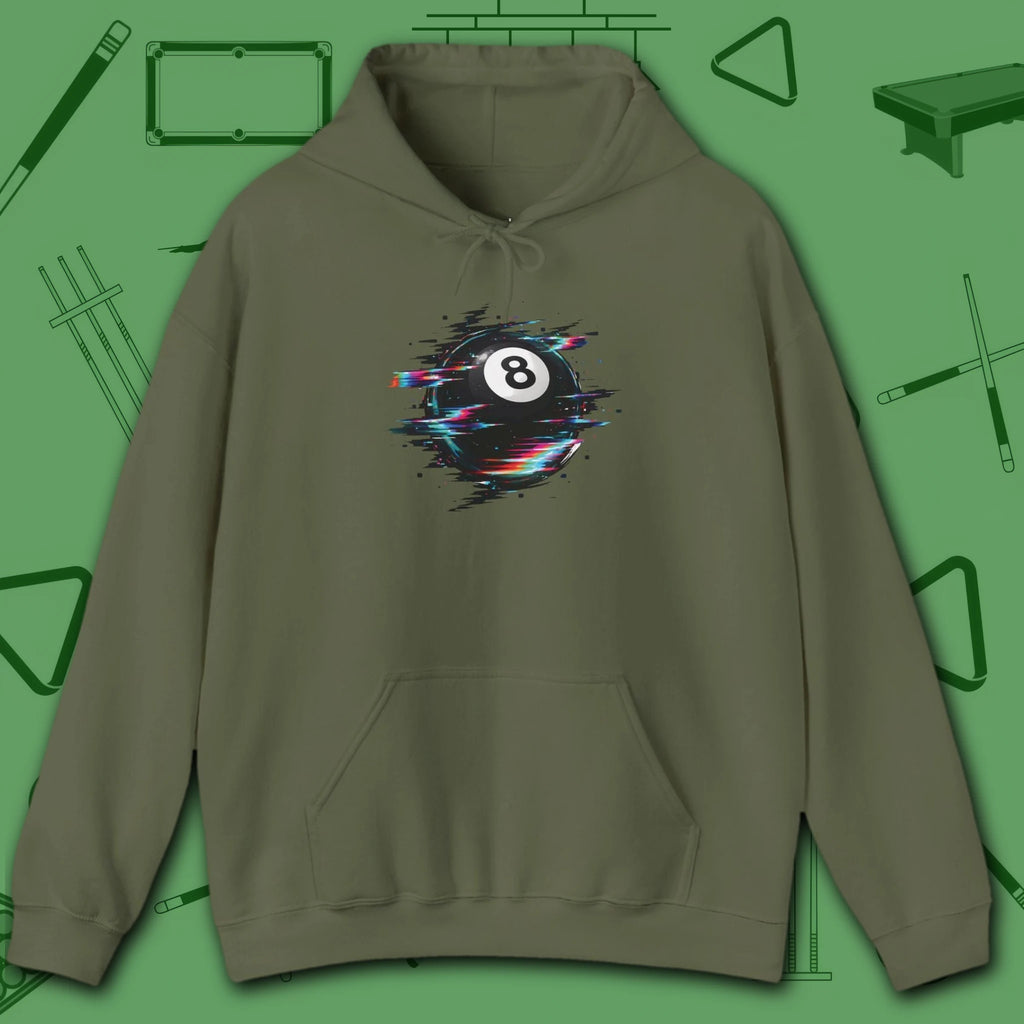 Digital Glitch Eight Ball Hoodie, in Military Green color, billiards hoodie, front view