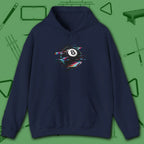 Digital Glitch Eight Ball Hoodie, in Navy color, billiards hoodie, front view