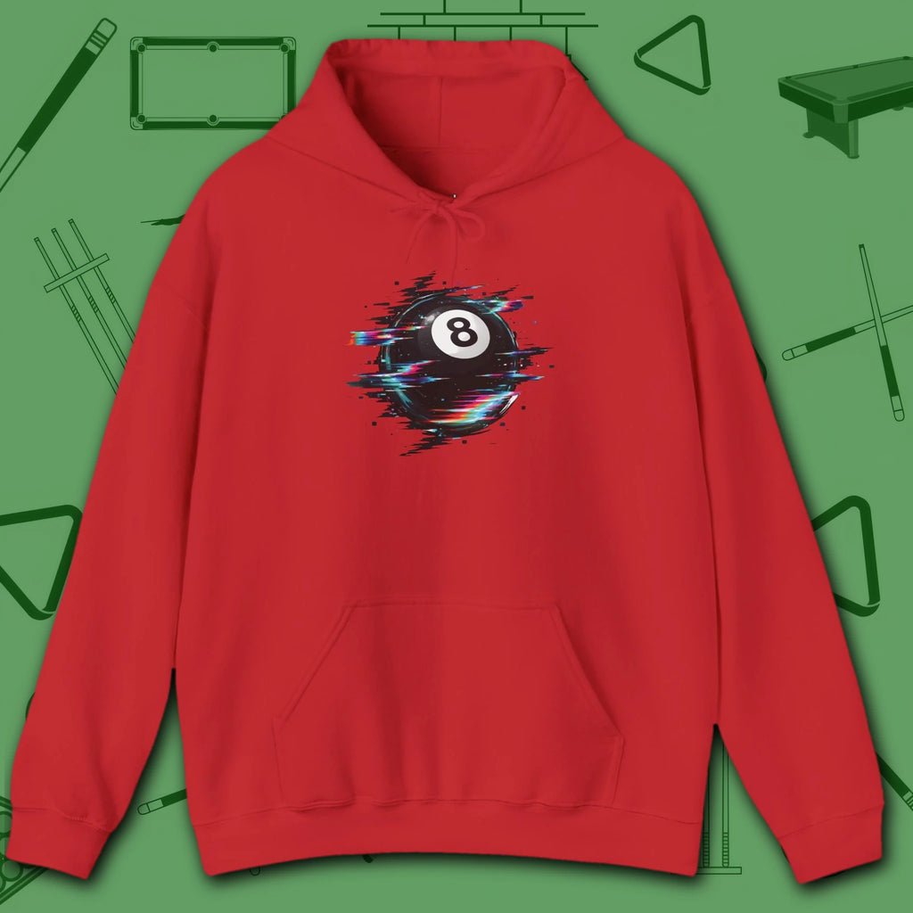 Digital Glitch Eight Ball Hoodie, in Red color, billiards hoodie, front view