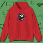 Digital Glitch Eight Ball Hoodie, in Red color, billiards hoodie, front view