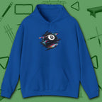 Digital Glitch Eight Ball Hoodie, in Royal color, billiards hoodie, front view