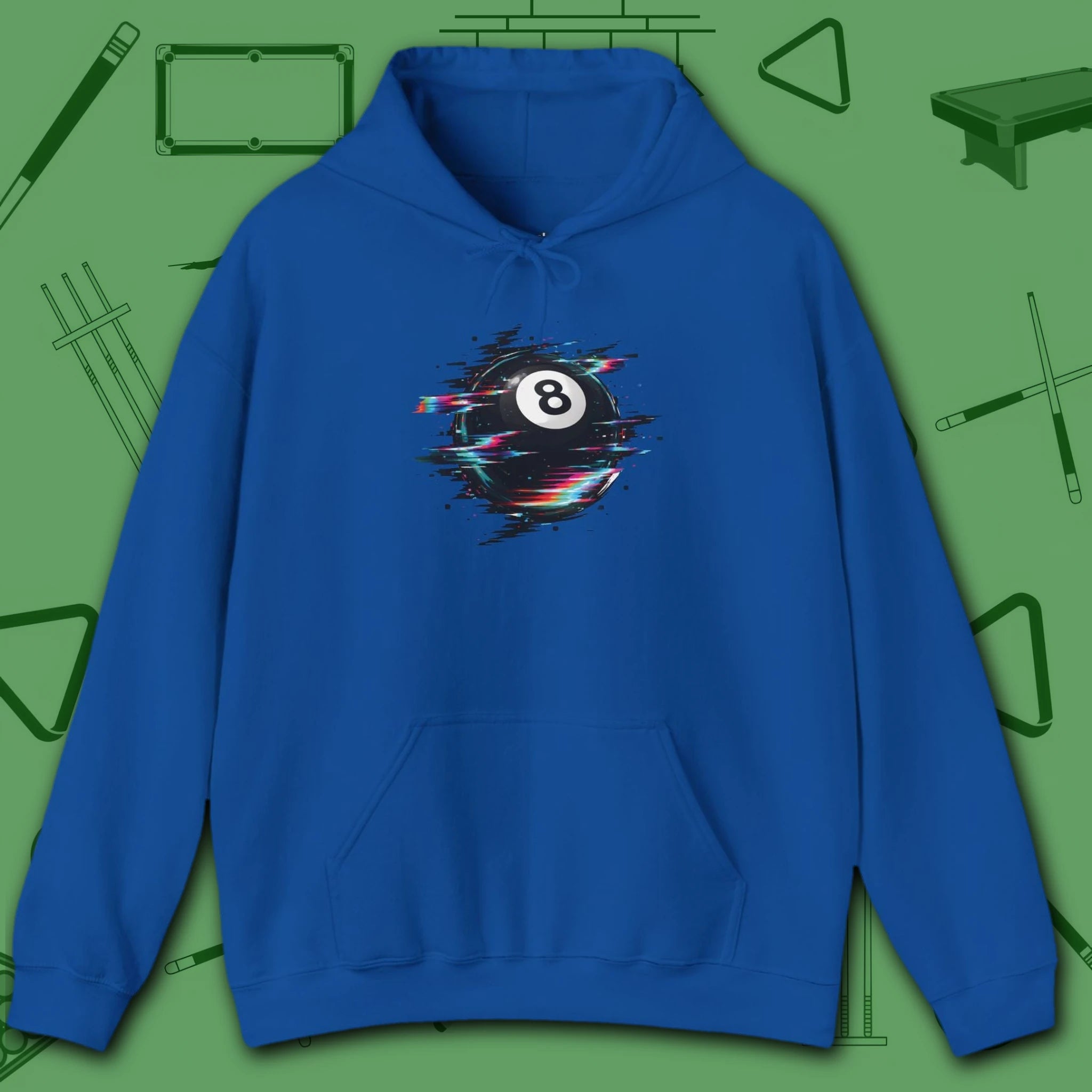 Digital Glitch Eight Ball Hoodie, in Royal color, billiards hoodie, front view