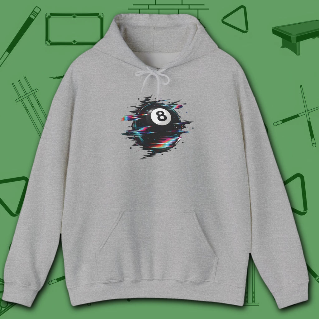 Digital Glitch Eight Ball Hoodie, in Sport Grey color, billiards hoodie, front view