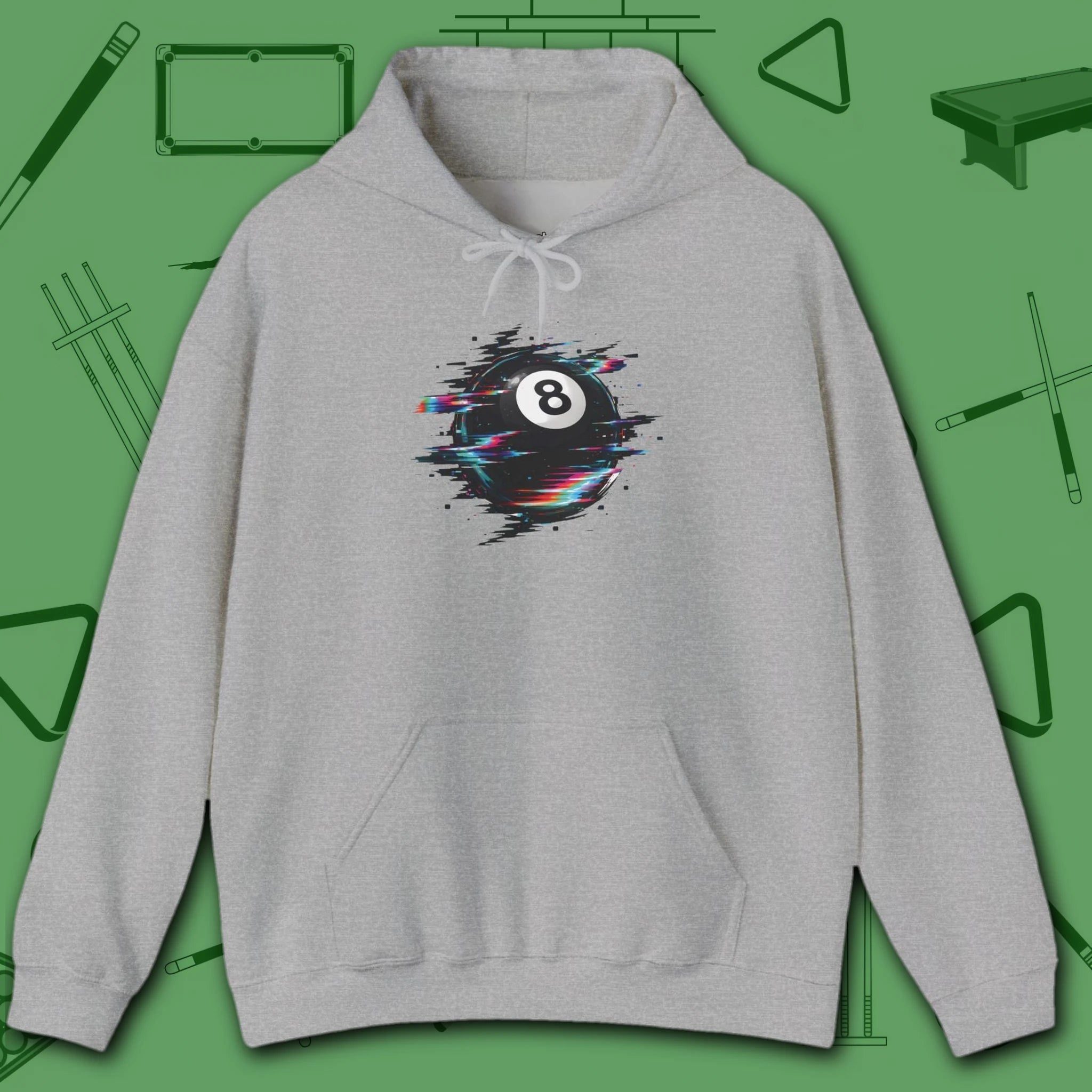 Digital Glitch Eight Ball Hoodie, in Sport Grey color, billiards hoodie, front view