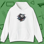 Digital Glitch Eight Ball Hoodie, in White color, billiards hoodie, front view